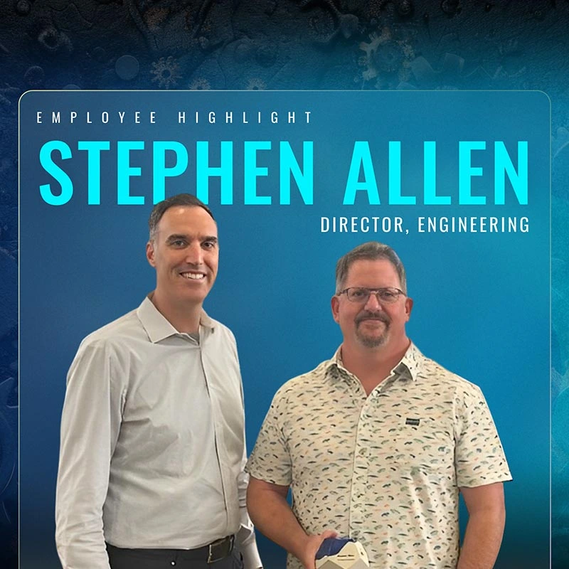 ProDirectional employee highlight graphic showing two people beside the text Stephen Allen Director of Engineering
